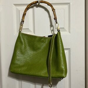 Green Leather Shoulder Bag with Bamboo Handle